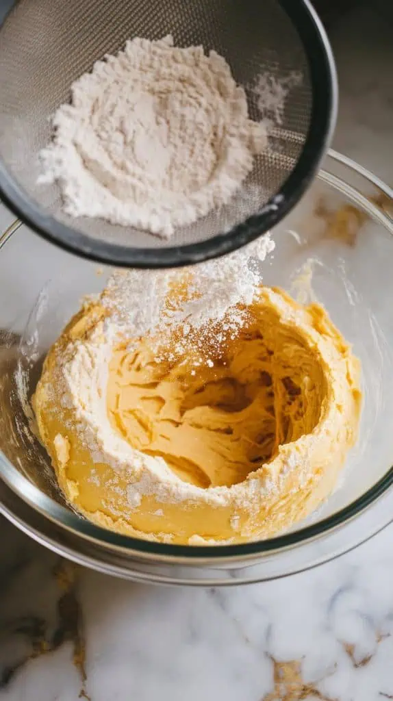flour being sifted into the lemon butter mixture in a glass bowl, soft dough forming in the bowl, white marble counters with hints of gold, all-natural lighting