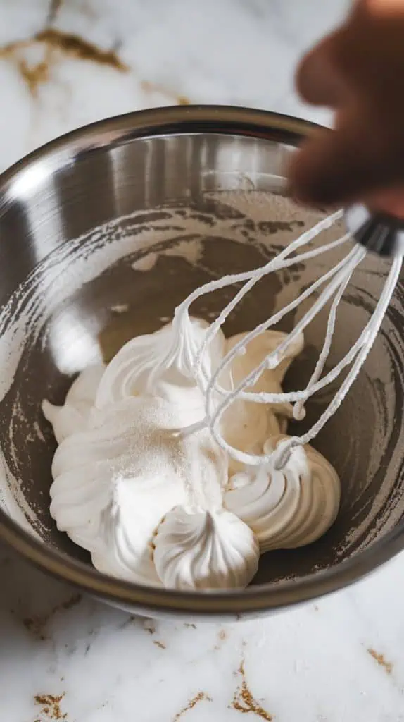 egg whites being whipped in a stainless steel bowl, with sugar sprinkled in