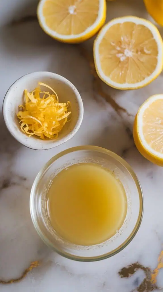  lemon zest in a small bowl, halved lemons, and a small glass bowl of freshly squeezed Meyer lemon juice on a white marble counter