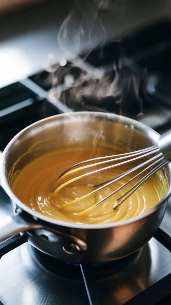 Meyer lemon curd thickening in a small saucepan with steam rising, a whisk stirring the glossy mixture
