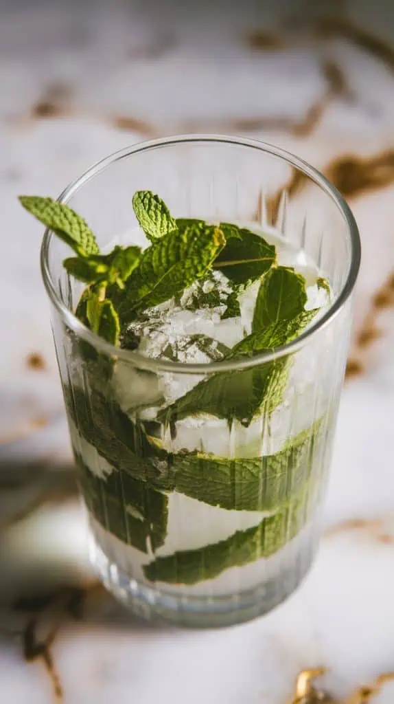mint leaves and sugar being muddled in a dry, empty tall glass