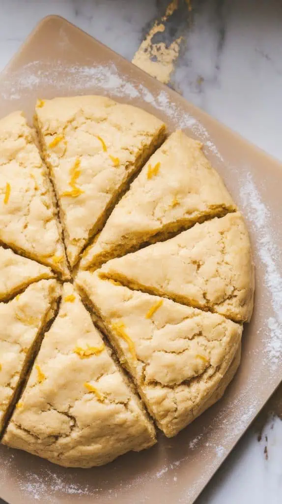 scone dough shaped into a round disc with visible flecks of lemon zest, 
