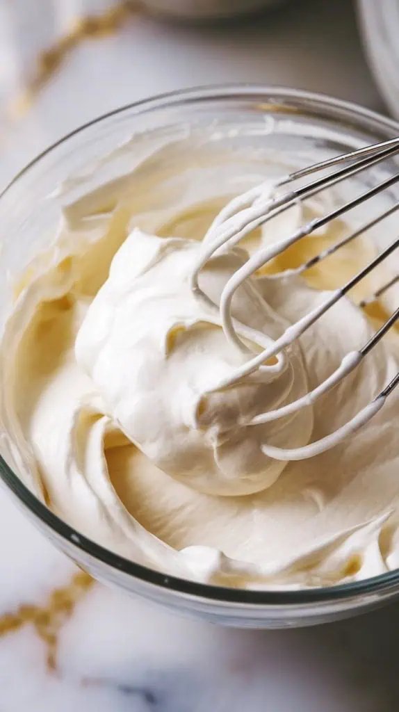 soft peaks forming in a bowl of whipped cream, with a whisk in the bowl
