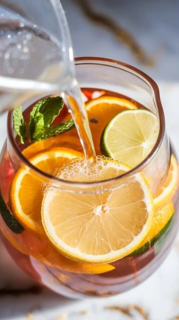 sparkling water being poured into the sangria pitcher filled with Meyer lemons, oranges, and lime slices & mint leaves