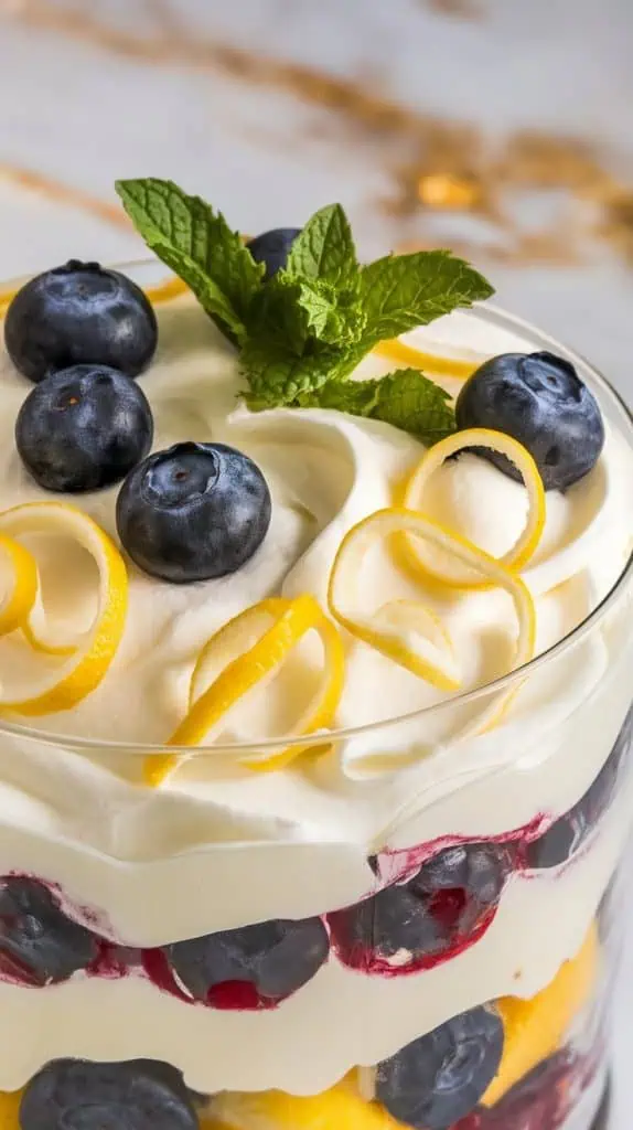 top of a Meyer Lemon Blueberry Trifle, showing plump blueberries, delicate lemon zest curls, and a sprig of fresh mint