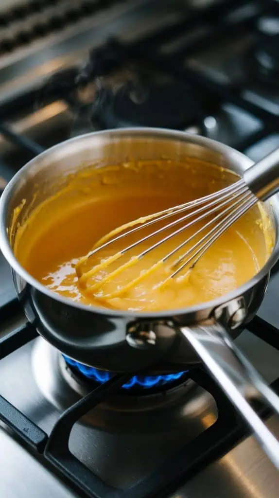  thickened Meyer lemon curd in a saucepan with a whisk coated in the glossy curd