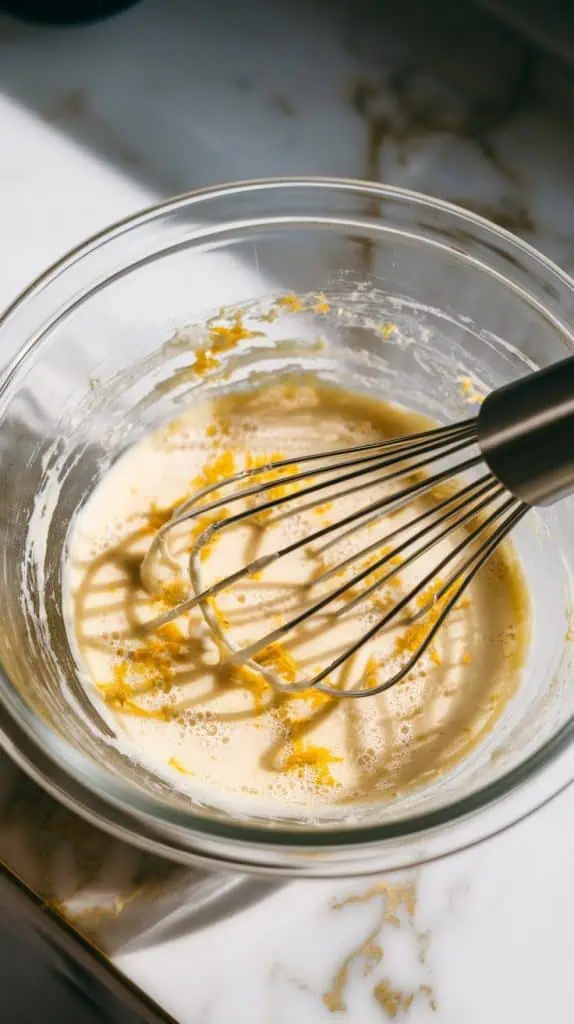 wet ingredients whisked into a creamy mixture in a clear glass bowl, with flecks of lemon zest visible
