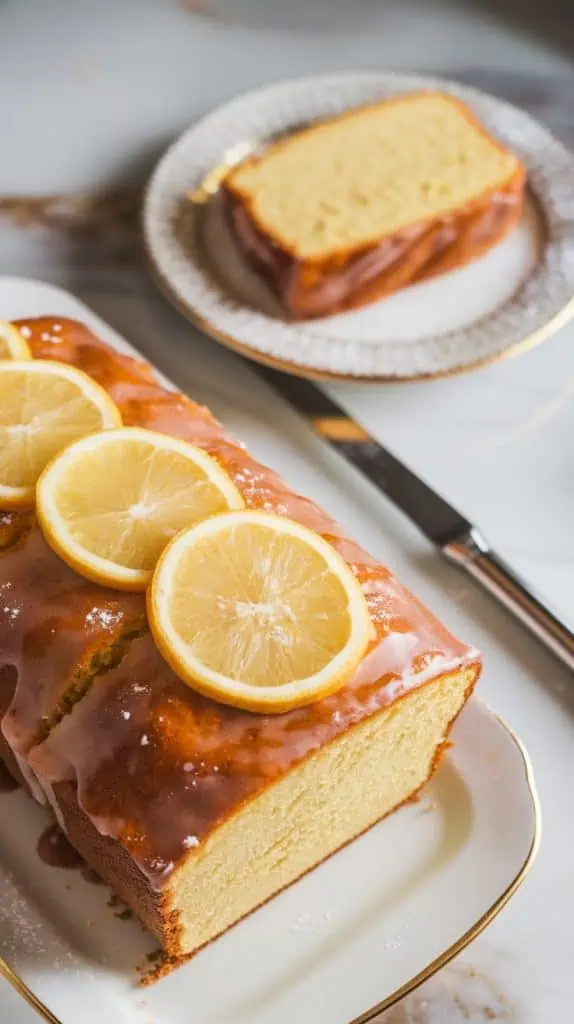 A fully baked Meyer lemon loaf topped with a glossy lemon glaze, garnished with thin slices of Meyer lemon