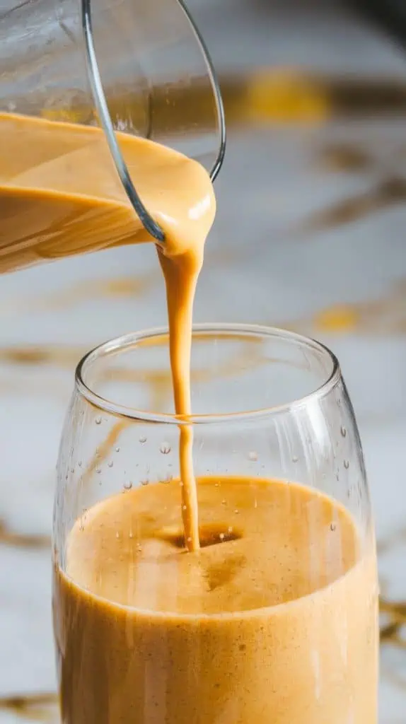 golden smoothie being poured into a clear glass