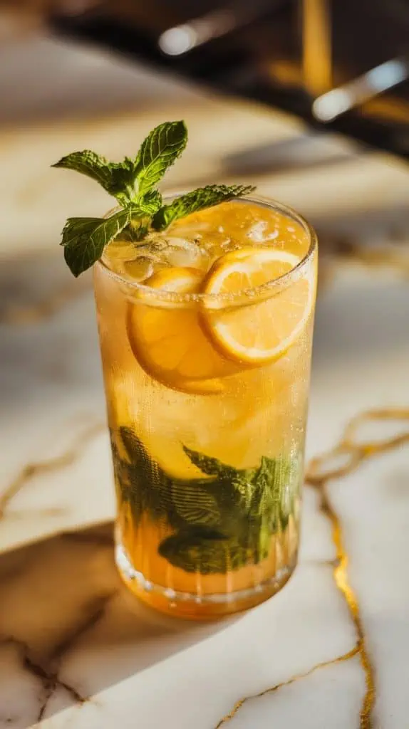 a tall glass filled with a vibrant golden Meyer Lemon Mojito