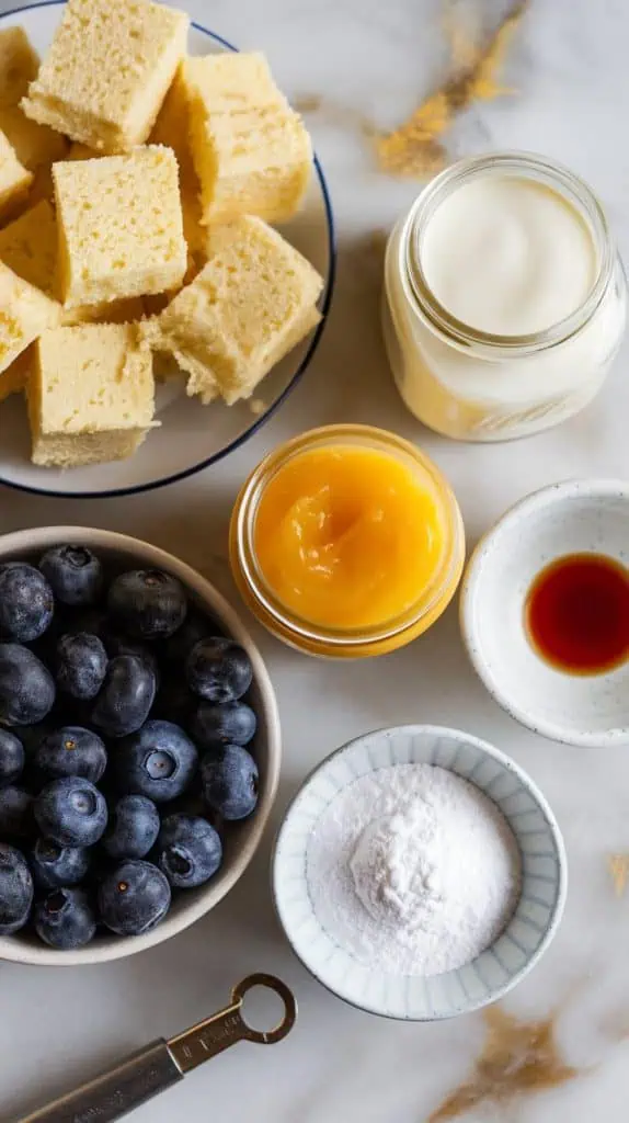 all the ingredients for a Meyer Lemon Blueberry Trifle