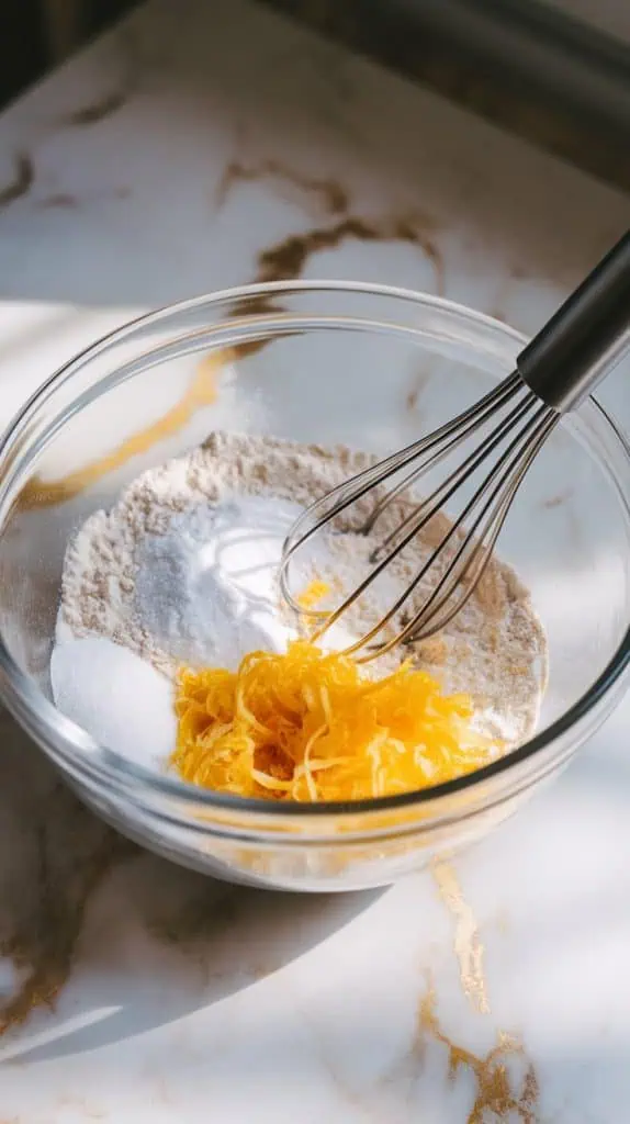  a glass mixing bowl with flour, sugar, baking powder, salt, and bright yellow Meyer lemon zest