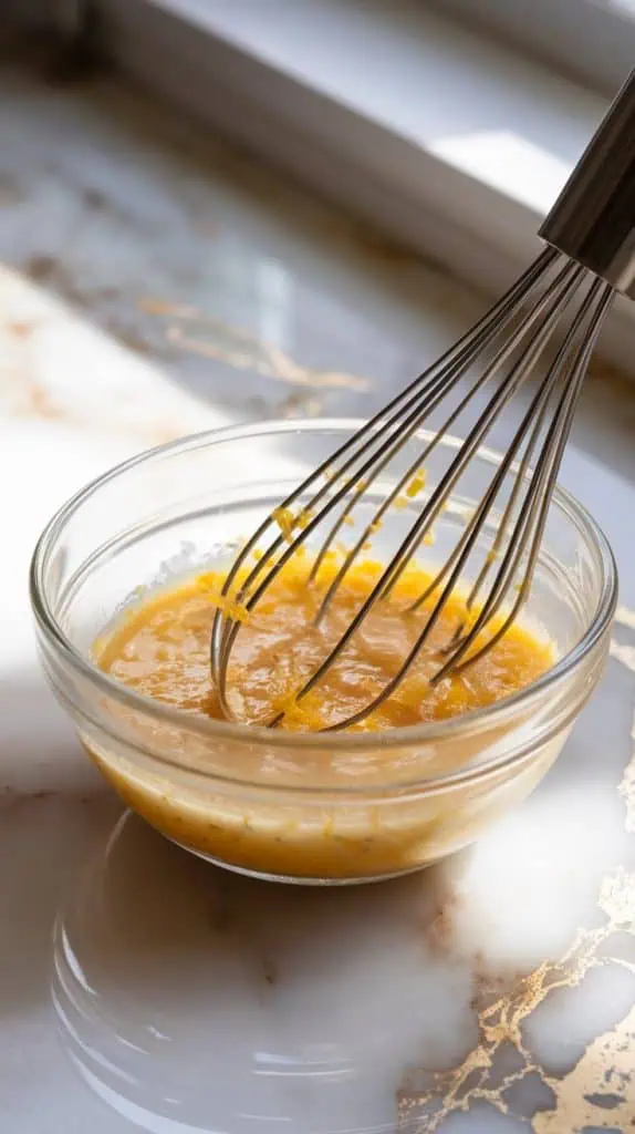 a small bowl of Meyer lemon glaze being whisked, glossy texture with flecks of lemon zest