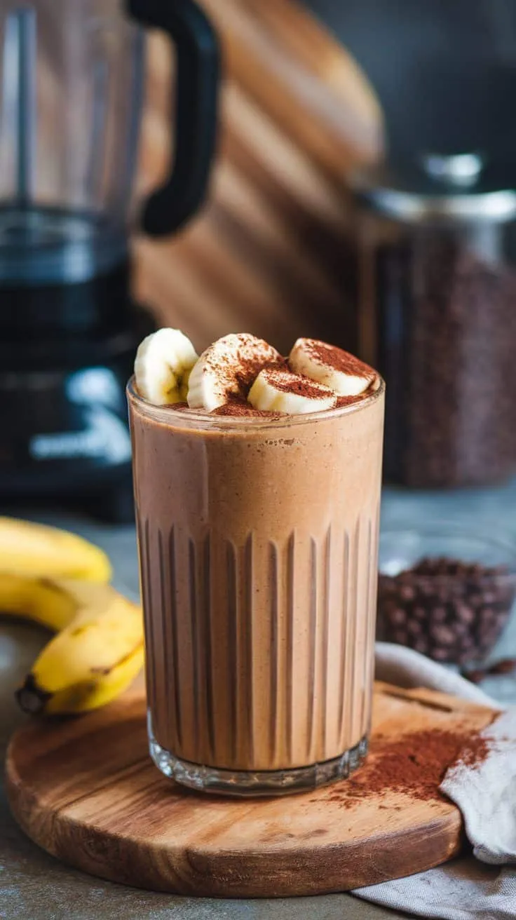 A delicious Banana Protein Coffee Smoothie topped with banana slices and cocoa powder, served in a tall glass.