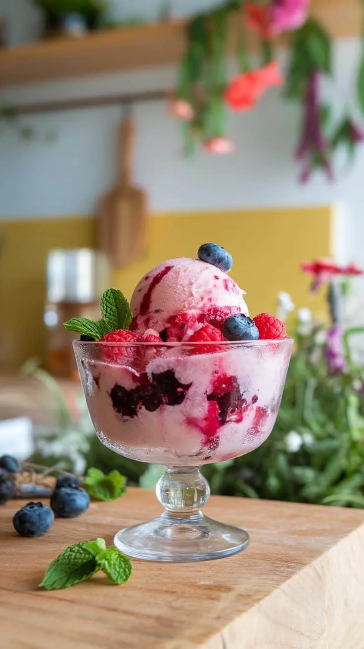 A bowl of berry burst sorbet topped with fresh blueberries and raspberries, garnished with mint leaves.