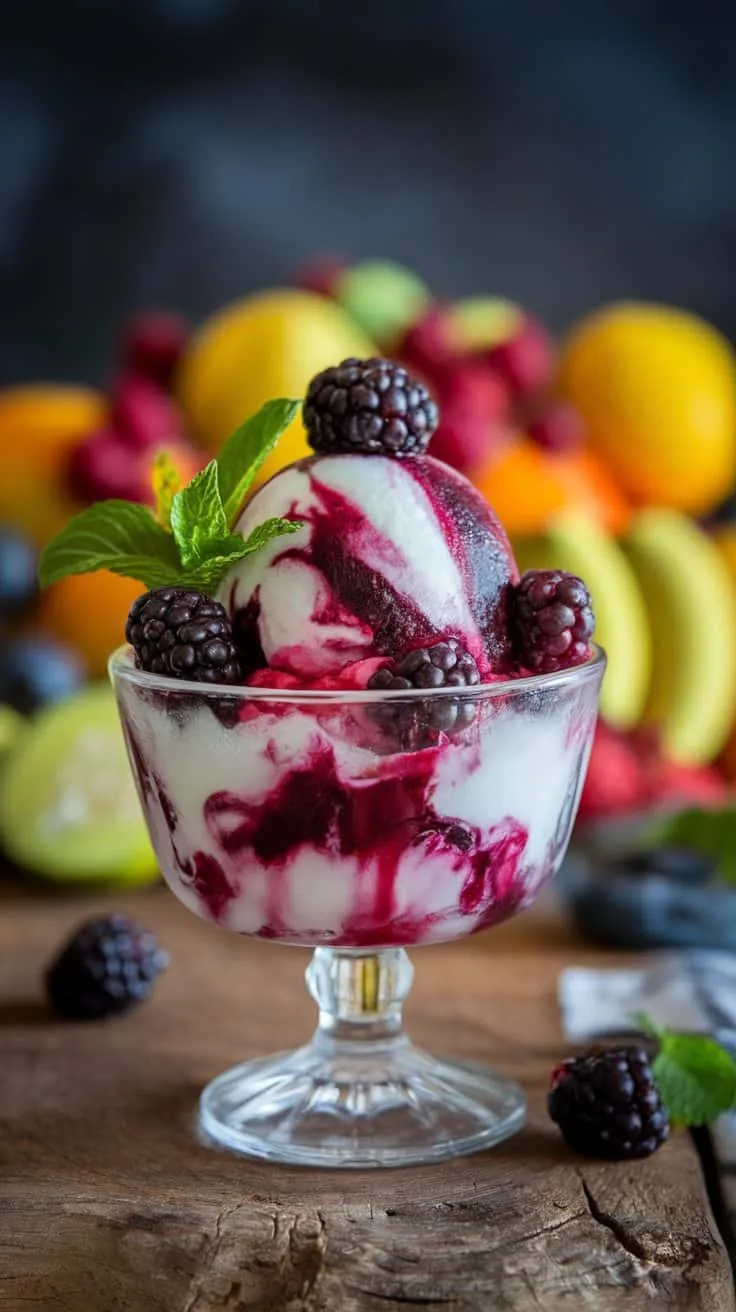 A bowl of blackberry swirl sorbet topped with fresh blackberries and mint, with colorful fruits in the background.