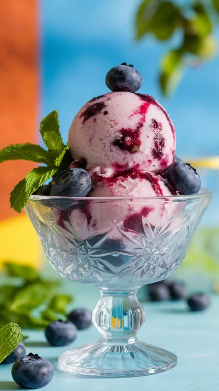 A bowl of blueberry sorbet topped with blueberries and mint leaves.