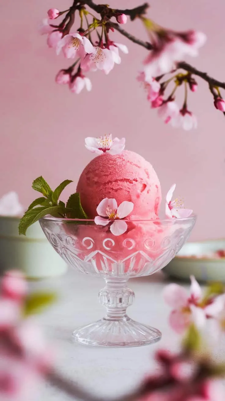 A bowl of pink Cherry Blossom Sorbet garnished with cherry blossoms and mint leaves, set against a soft pink background.
