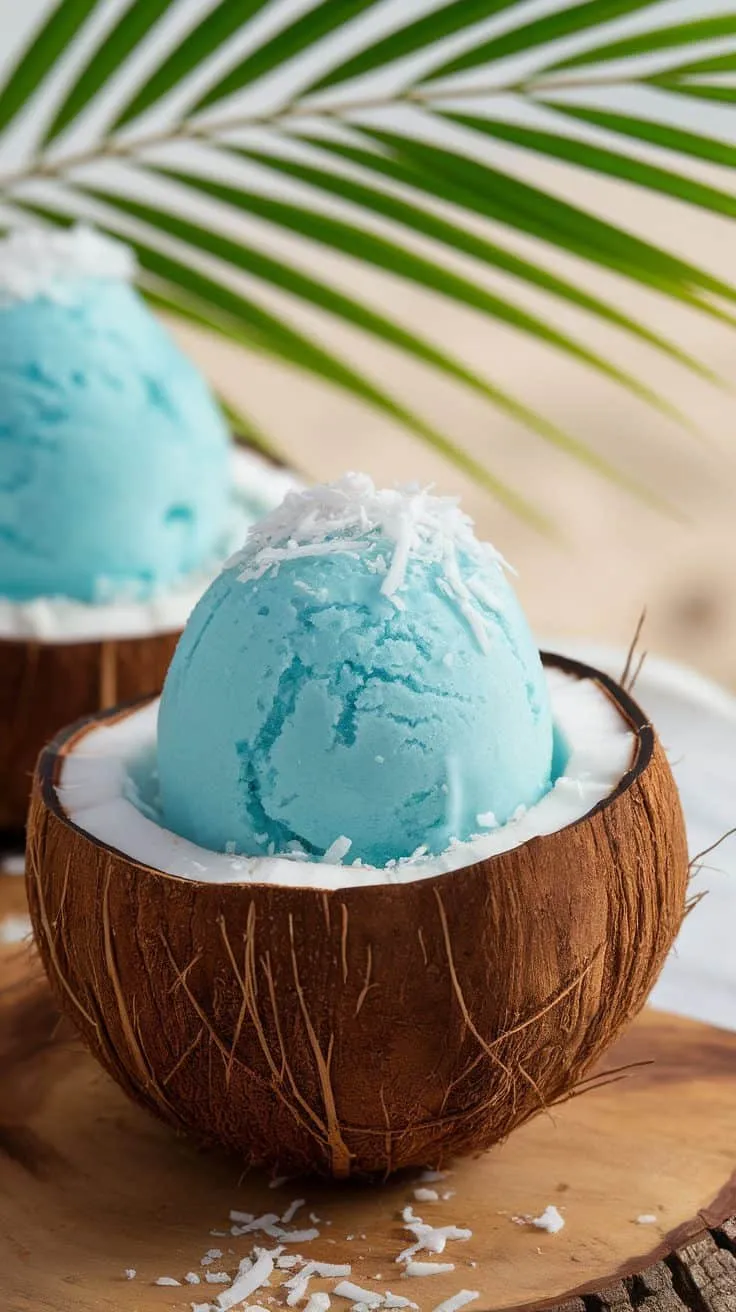 Coconut Chill Sorbet served in a coconut shell with shredded coconut on top.