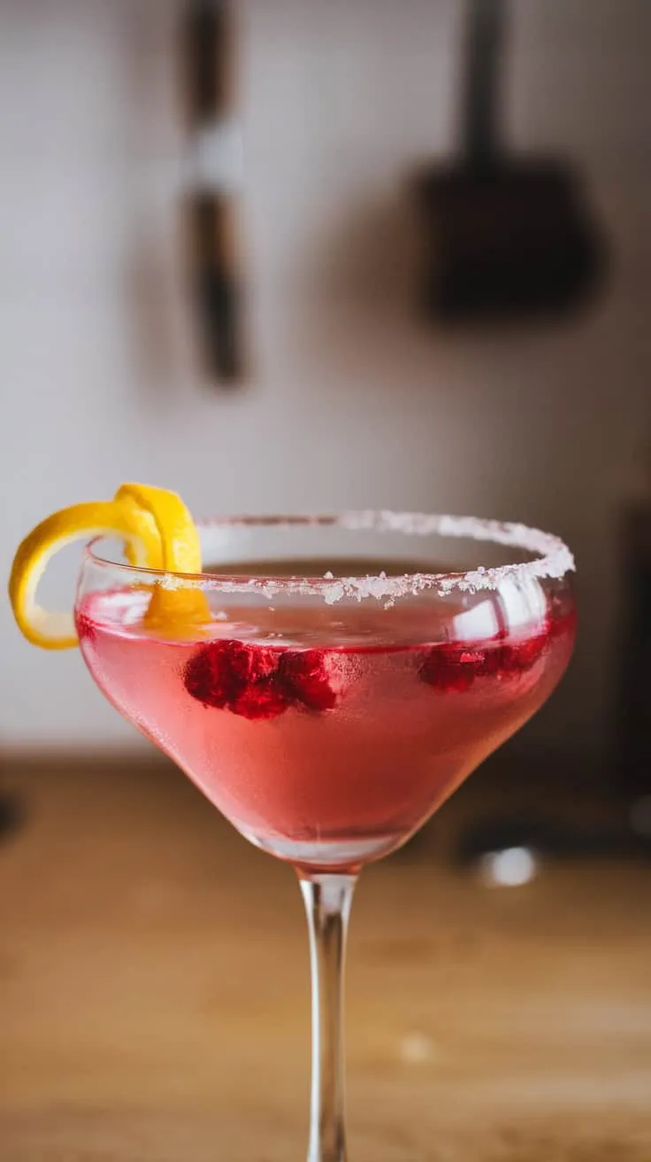 A pink cocktail with raspberries and lemon twist in a glass