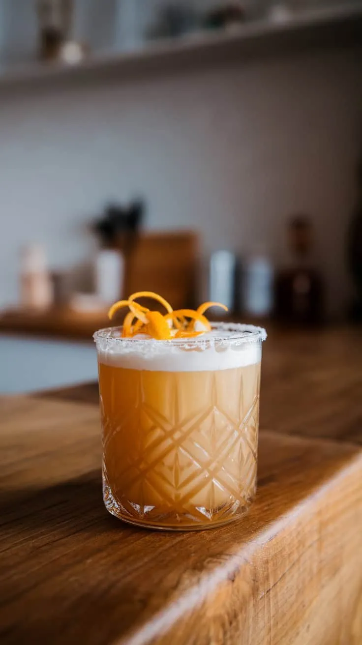 Golden Amaretto Sour cocktail garnished with orange twists