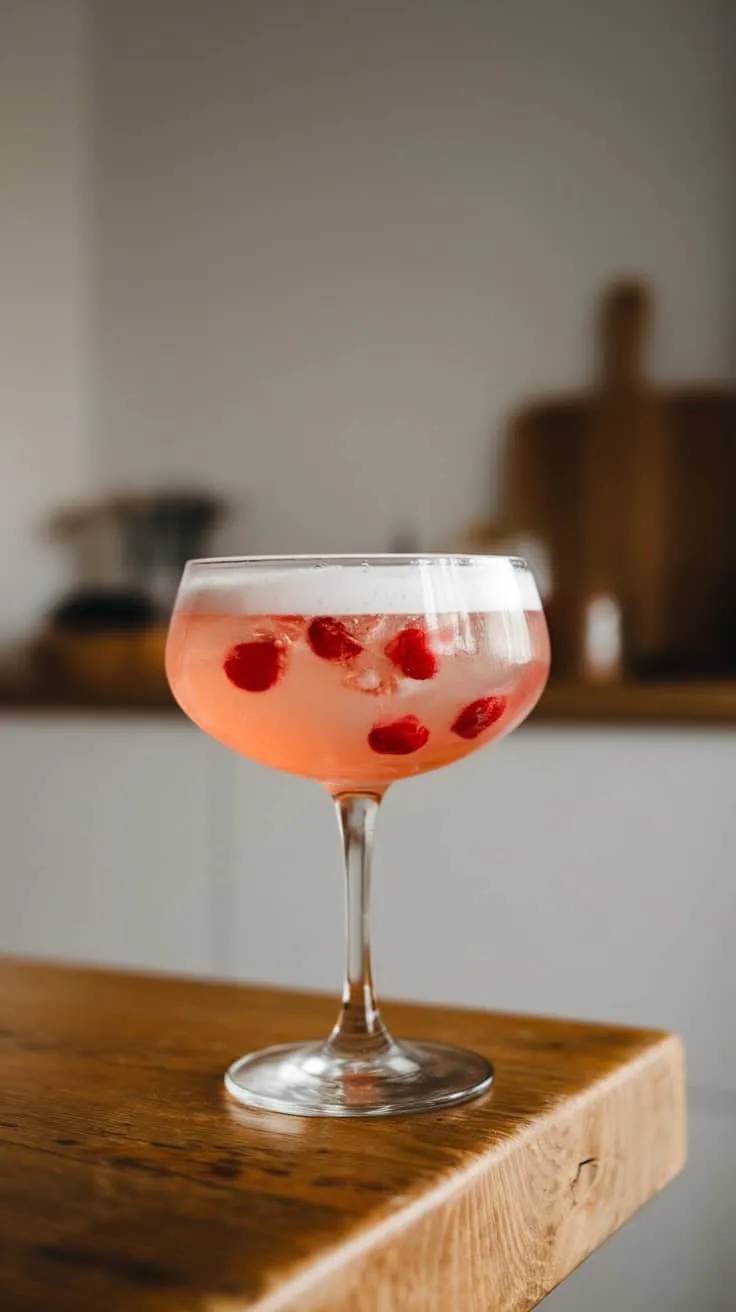 A Cherry Blossom Sour cocktail with floating cherries in a stylish glass