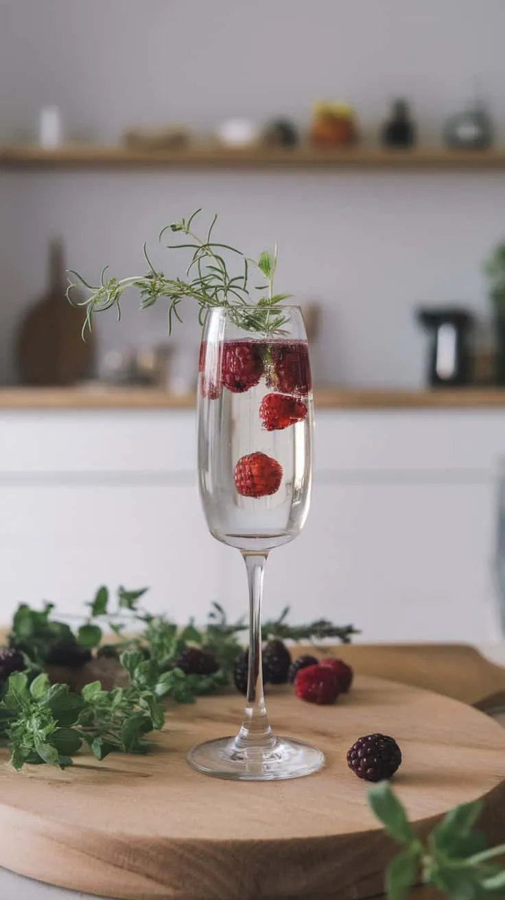 A glass of Blackberry Champagne Smash with fresh blackberries and greenery.