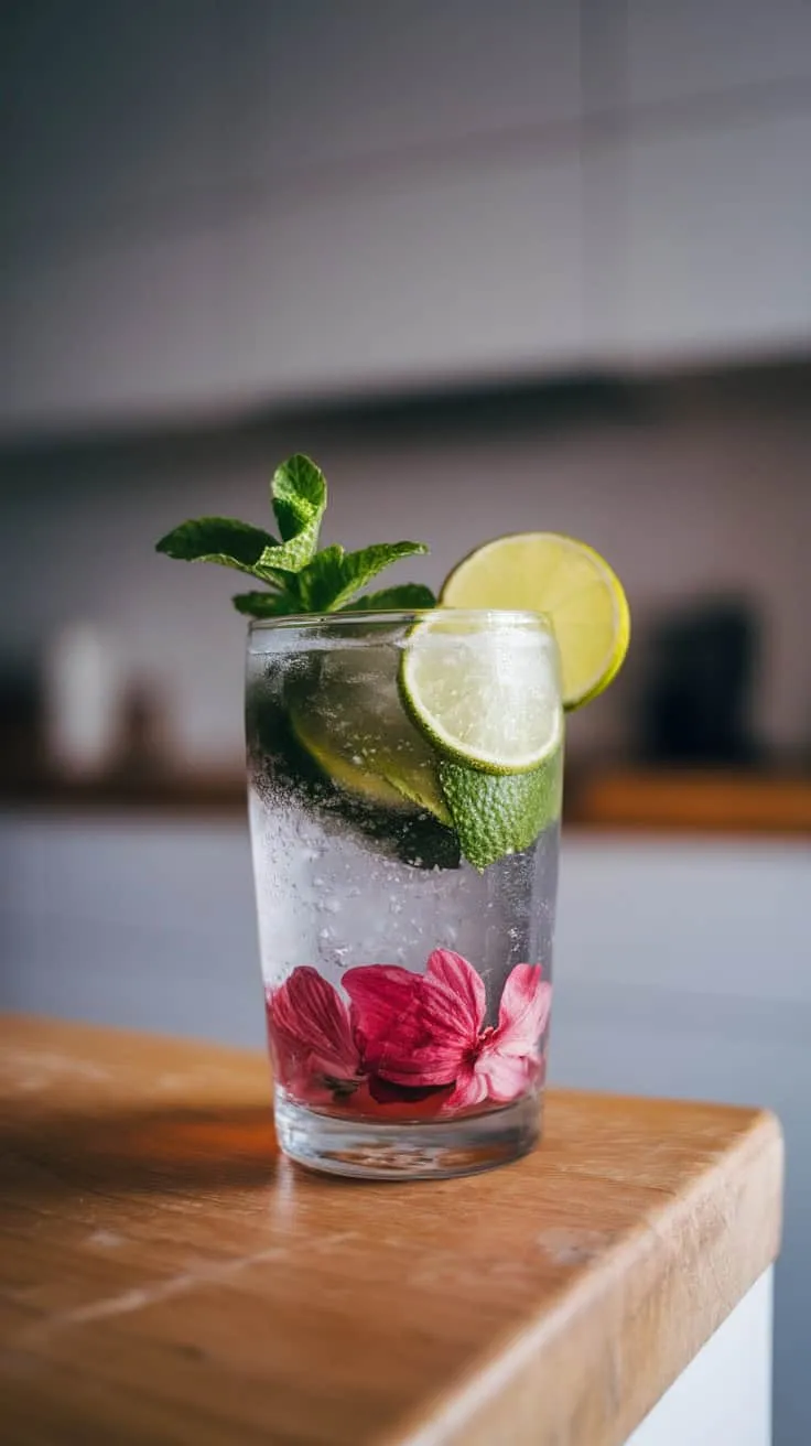 A refreshing Hibiscus Mojito cocktail with mint leaves, lime slices, and pink hibiscus flowers.