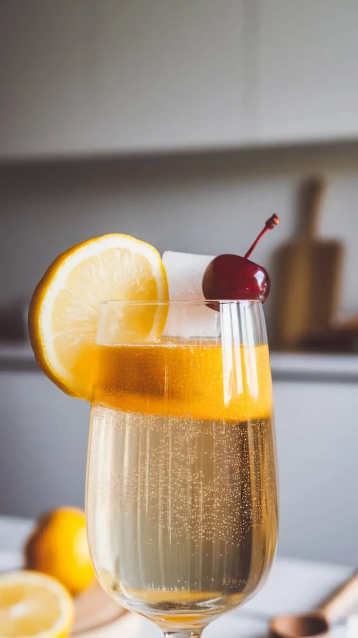 A sparkling champagne cocktail garnished with an orange slice and a cherry.