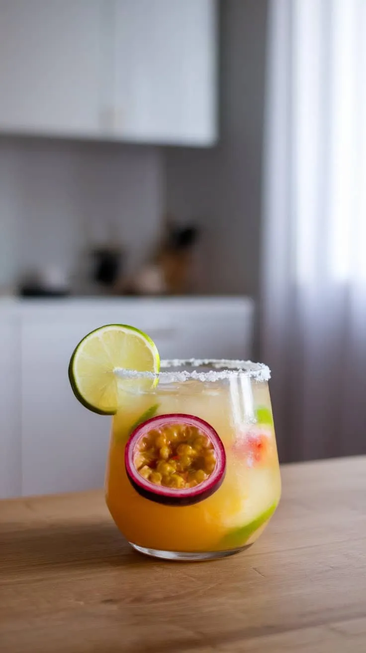 A colorful Passionfruit Margarita garnished with lime and passionfruit slices in a glass on a wooden table.