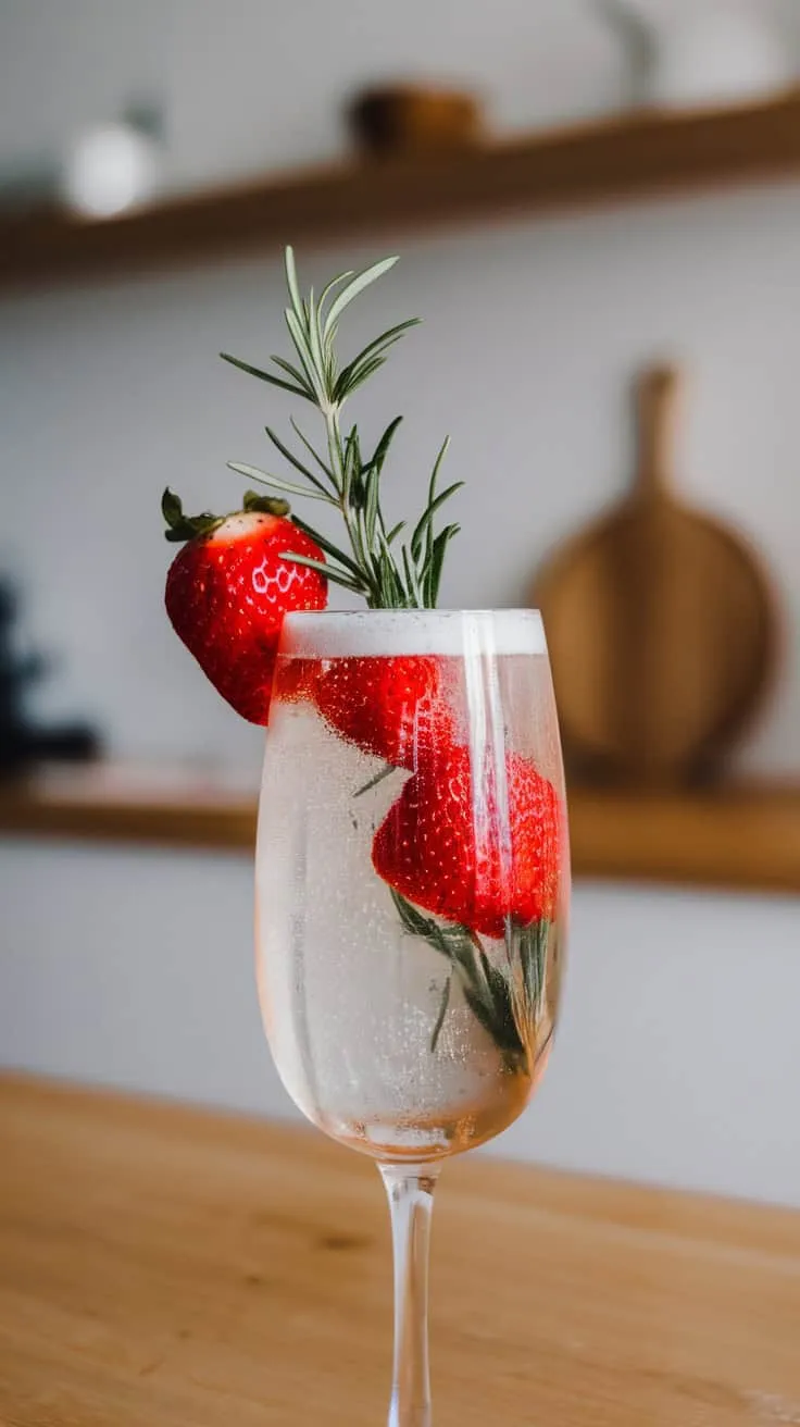 A glass of Strawberry Champagne Cocktail with strawberries and rosemary garnish.