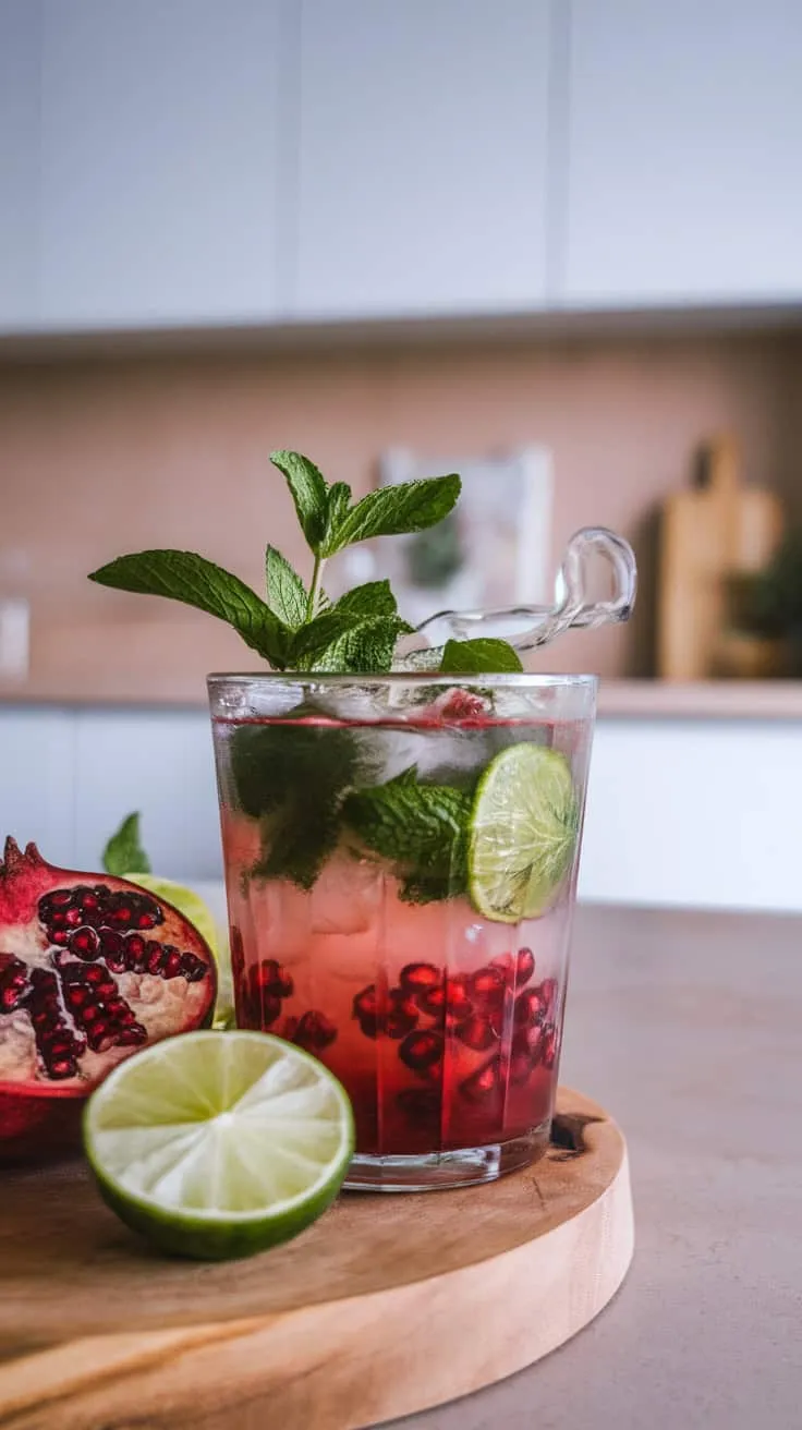 A refreshing Pomegranate Mojito cocktail garnished with mint leaves and lime slices, next to a halved pomegranate and lime