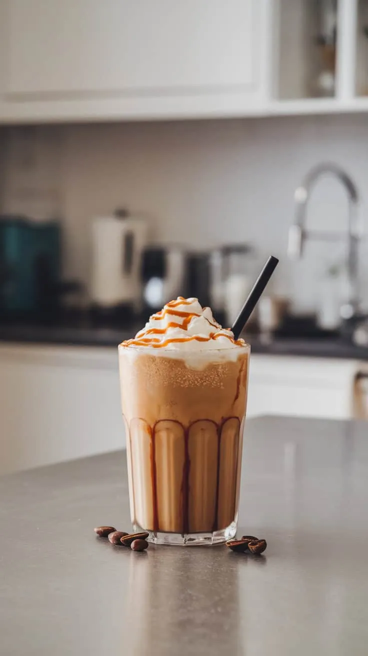 A tall glass of Almond Butter Espresso Shake topped with whipped cream and caramel drizzle, surrounded by coffee beans.