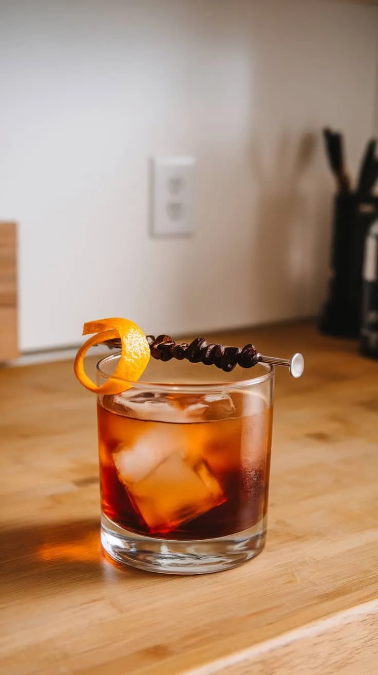 A Bourbon Espresso Old Fashioned drink served in a glass with ice, garnished with an orange twist and coffee beans.