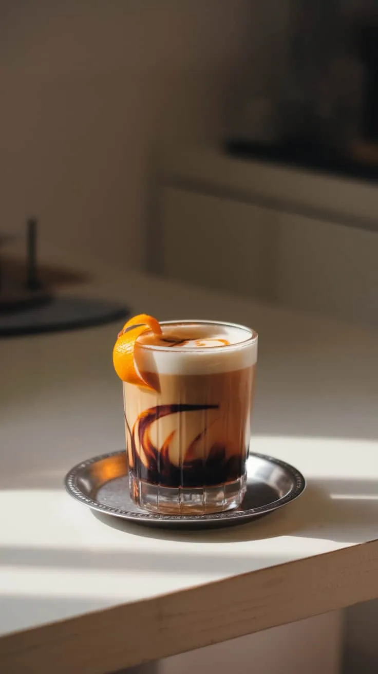 A glass of Easy Carajillo with a twist of orange on top