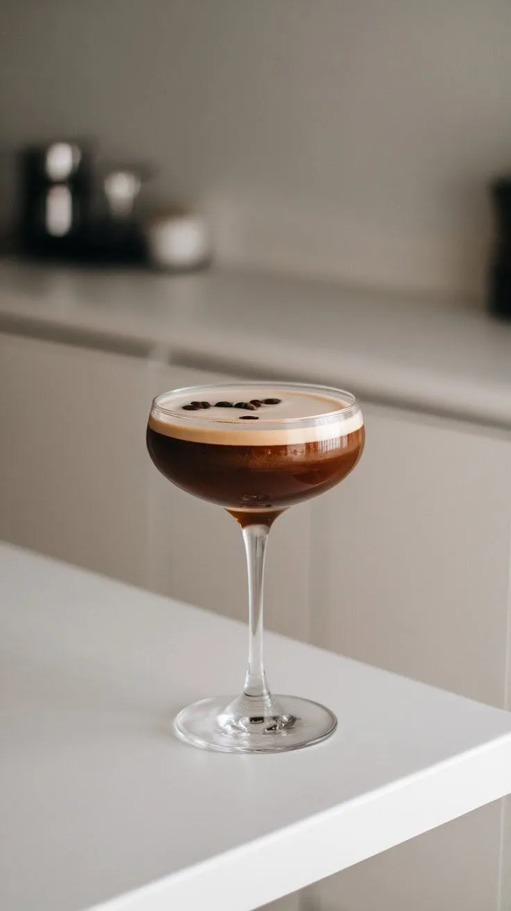 A Baileys Espresso Martini served in a stylish glass on a white table.