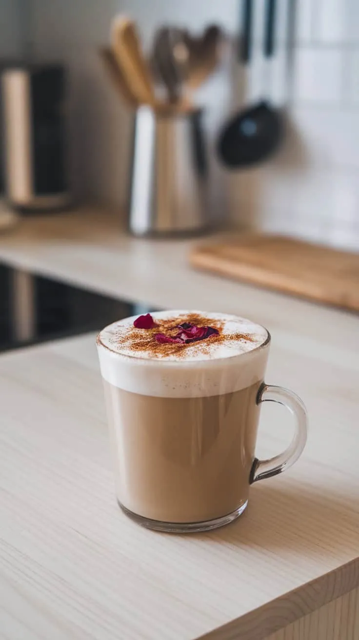 A glass of cinnamon rose latte on a wooden table.