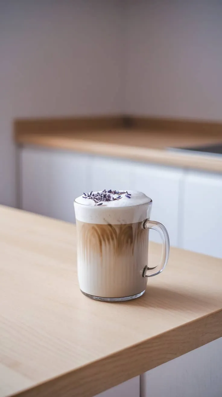 A lavender latte in a clear glass mug, topped with frothy milk and lavender petals.
