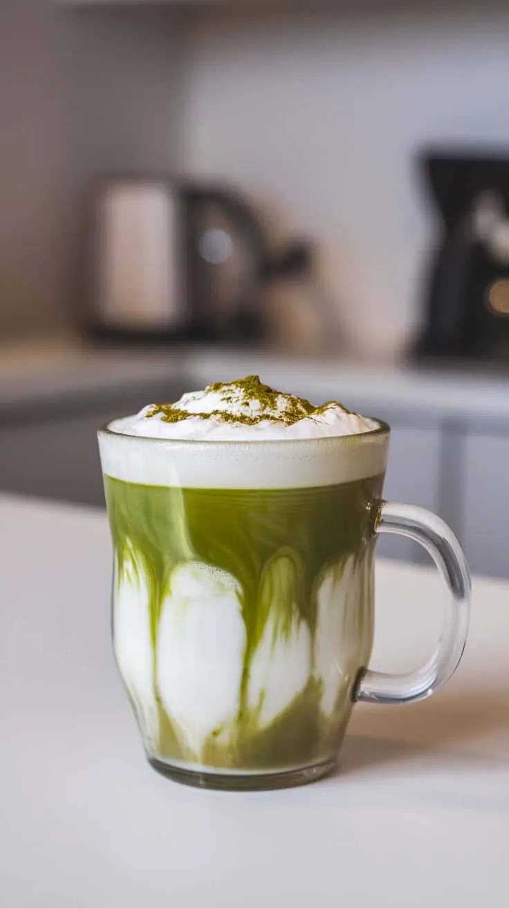 A Dirty Matcha Latte in a clear mug, showcasing a blend of green matcha and white frothy milk, topped with matcha powder.