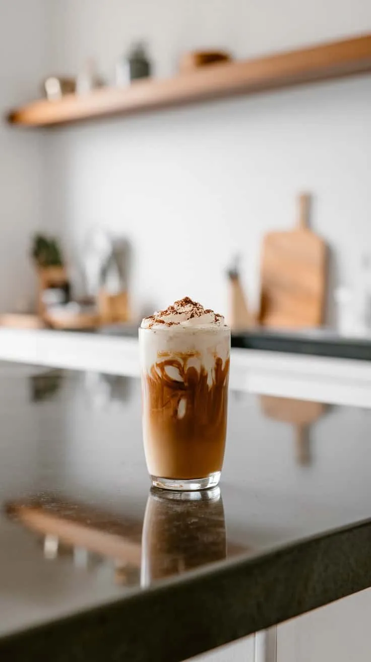 A glass of Irish Cream Cold Brew coffee with whipped cream on top
