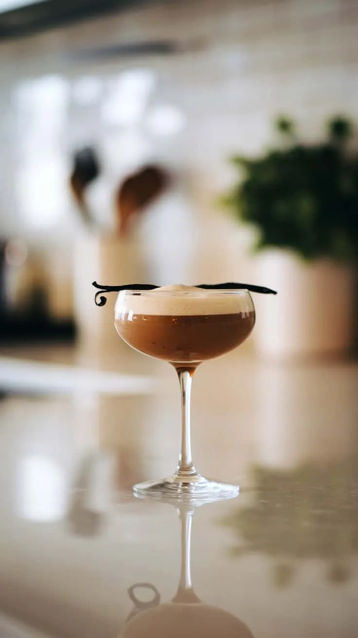 A creamy vanilla espresso martini in a glass, garnished with a vanilla bean.