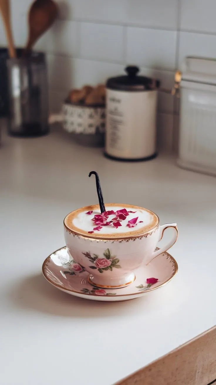 A beautiful rose vanilla latte in a pink cup with dried rose petals on top.