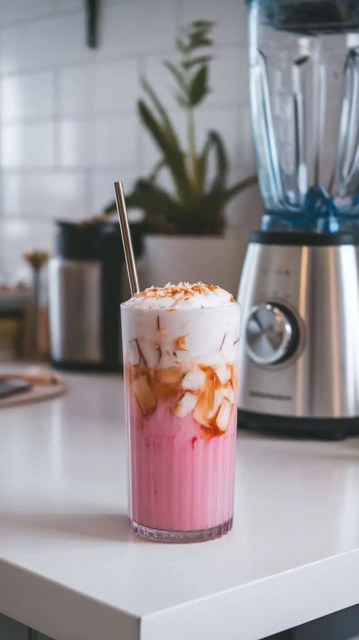 A beautiful Pink Coconut Iced Latte in a tall glass with a stainless steel straw, topped with whipped cream and toasted coconut.