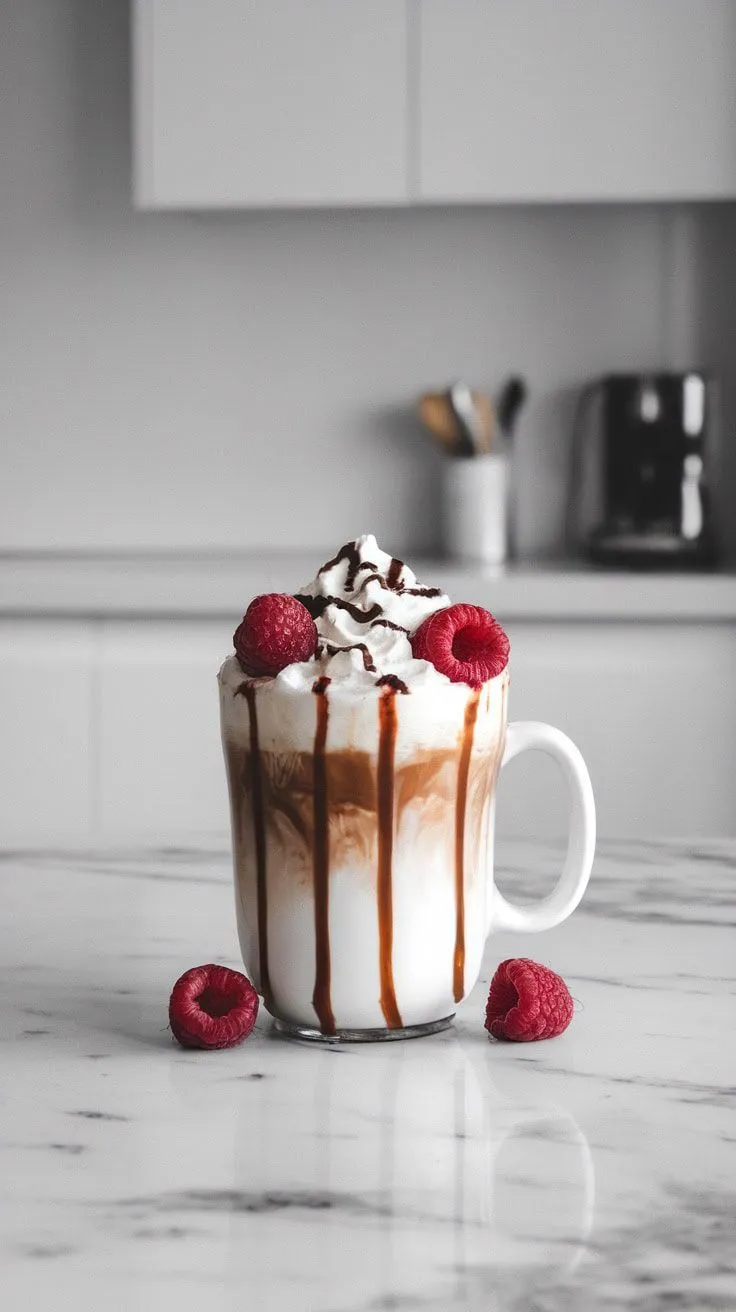 A Raspberry Mocha topped with whipped cream and raspberries, with chocolate syrup drizzled on top.
