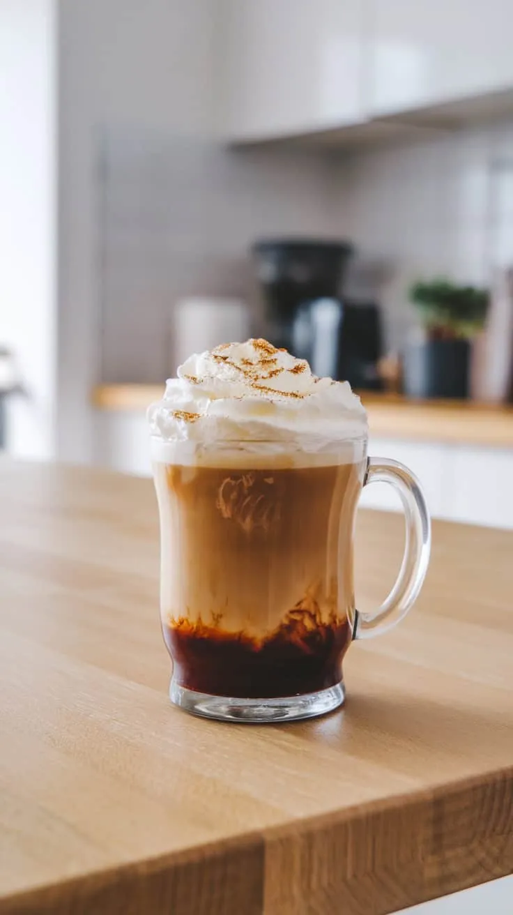 A glass of Irish coffee topped with whipped cream and sprinkled with cinnamon, set on a wooden table.