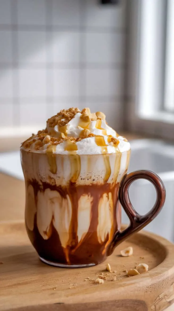 A warm Hazelnut Honey Mocha topped with whipped cream, crushed nuts, and honey drizzle in a brown mug on a wooden tray.