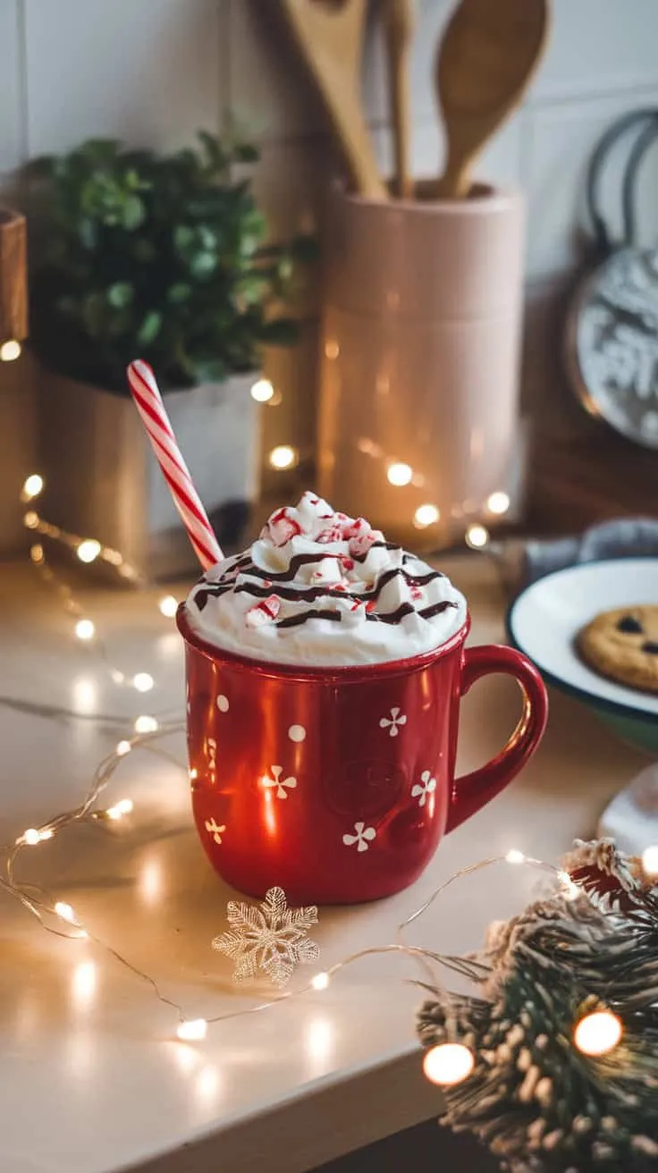 A festive Peppermint Mocha in a red mug, topped with whipped cream, crushed peppermint, and a candy cane, surrounded by soft lights and a cookie.