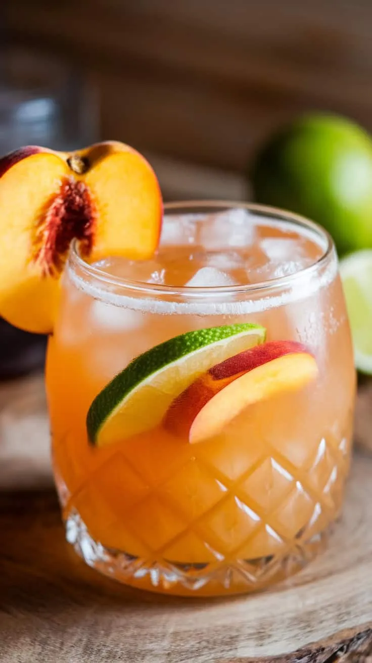 A refreshing peach daiquiri garnished with peach slices and lime in a glass.