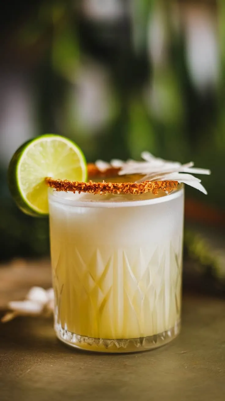 Lime Coconut Daiquiri in a glass with lime garnish and coconut rim