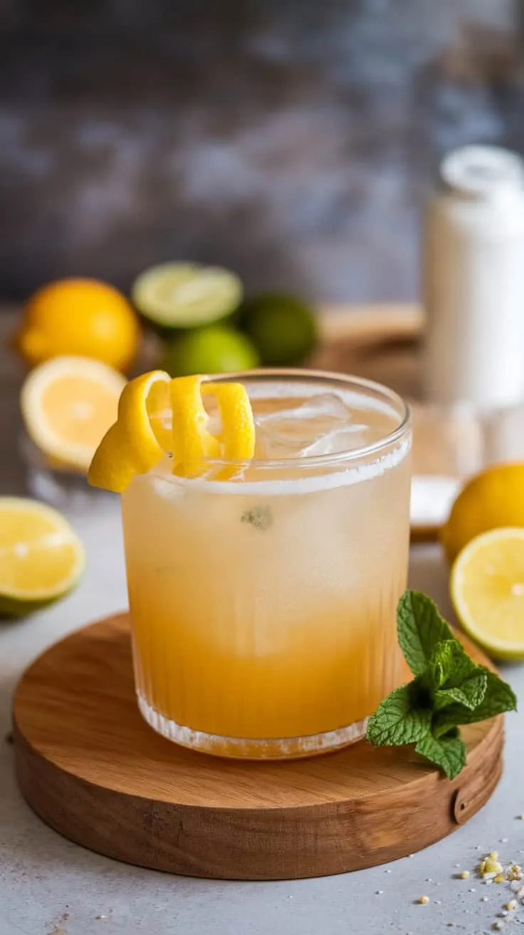 A refreshing Frozen Lemon Daiquiri garnished with lemon twists and mint leaves